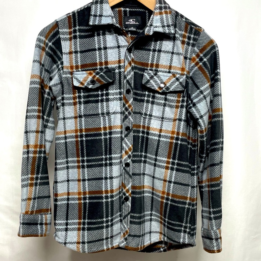 O’Neill Glacier Stretch Button Up Polar Fleece Shirt gray, rust, Sz M